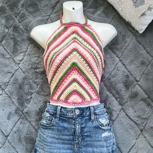 Crochet Crop Top, Halter Crop Top, Crochet Top, Pink and Green Top, Halter Tank